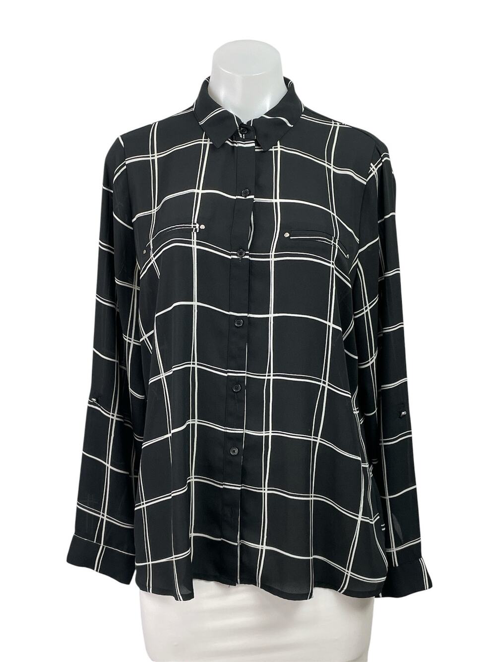 Apt. 9 Women's Black Checkered Plaid Long Sleeve Pockets Button Down Shirt Top L